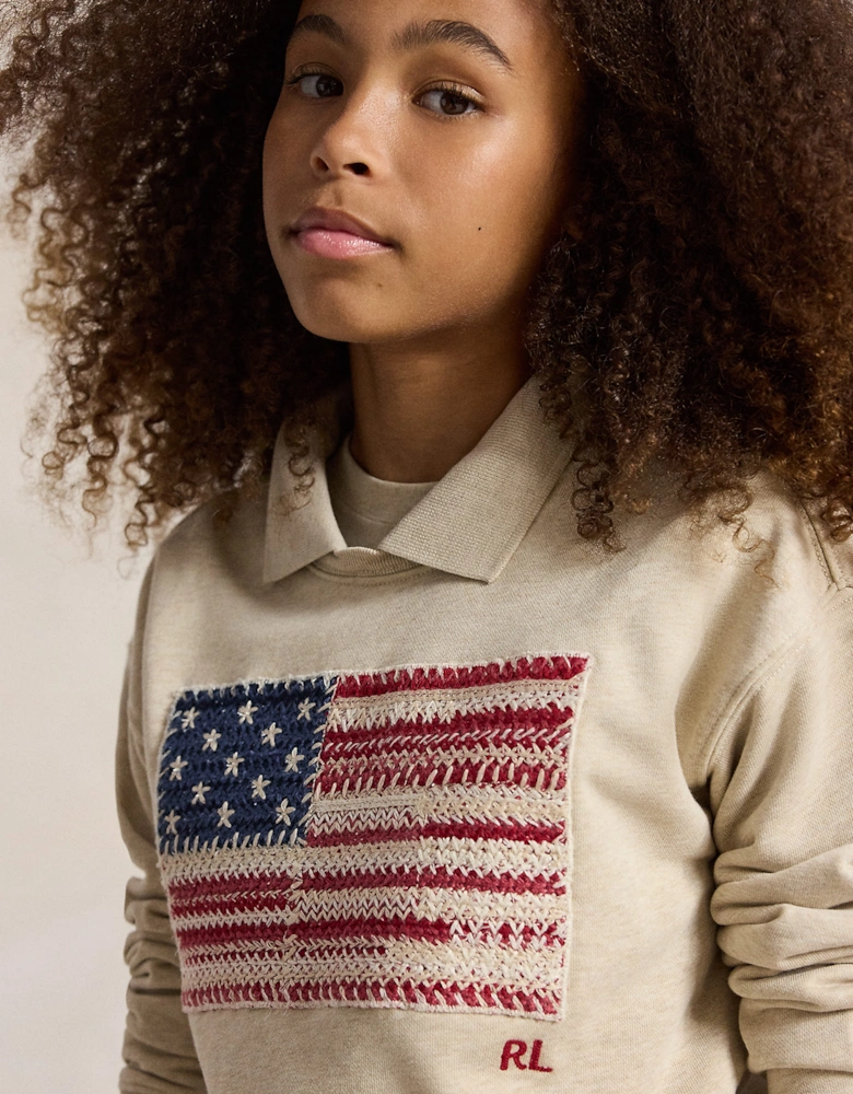 Ralph Lauren Girls French Terry Knit Flag Sweatshirt in Beige