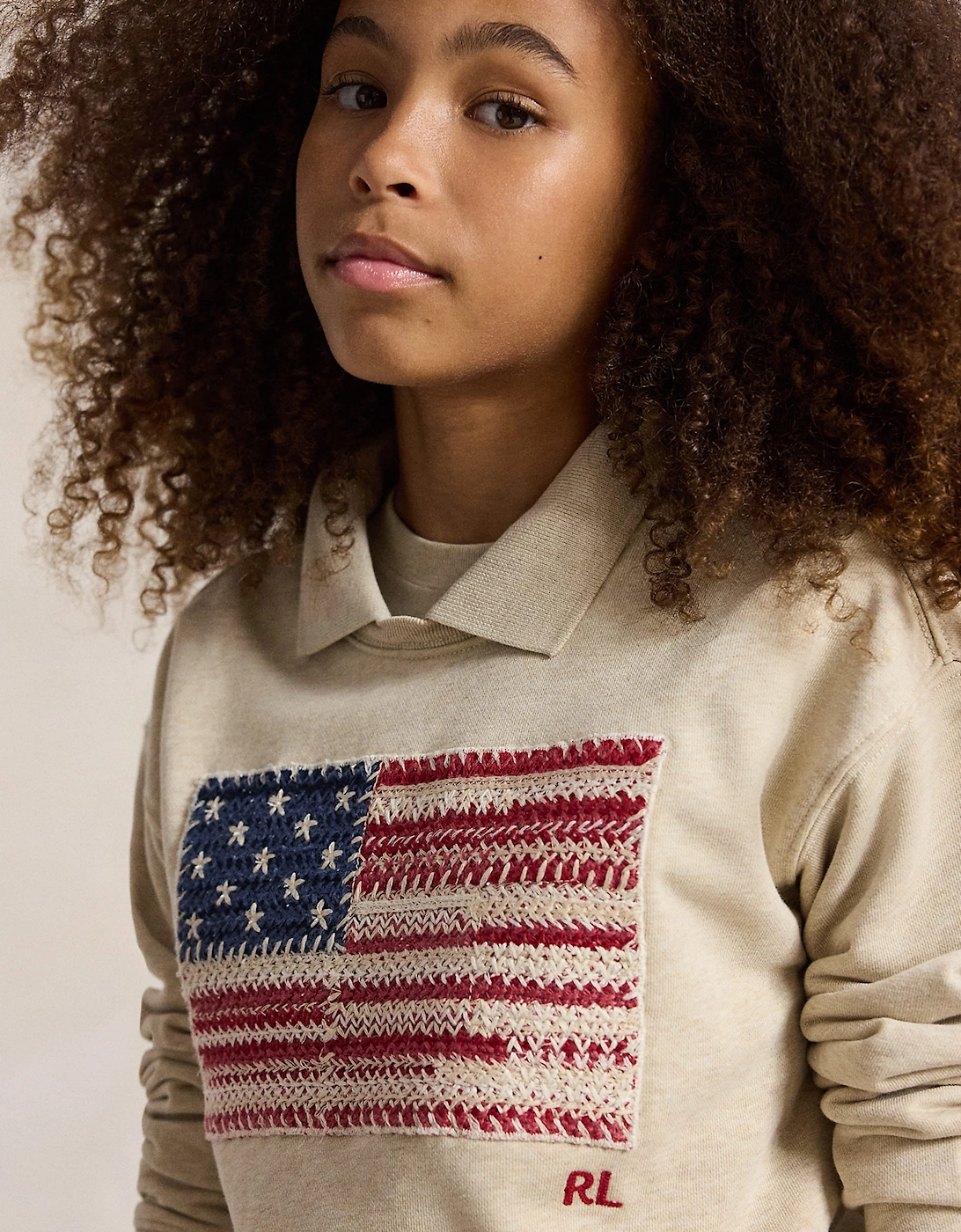 Ralph Lauren Girls French Terry Knit Flag Sweatshirt in Beige