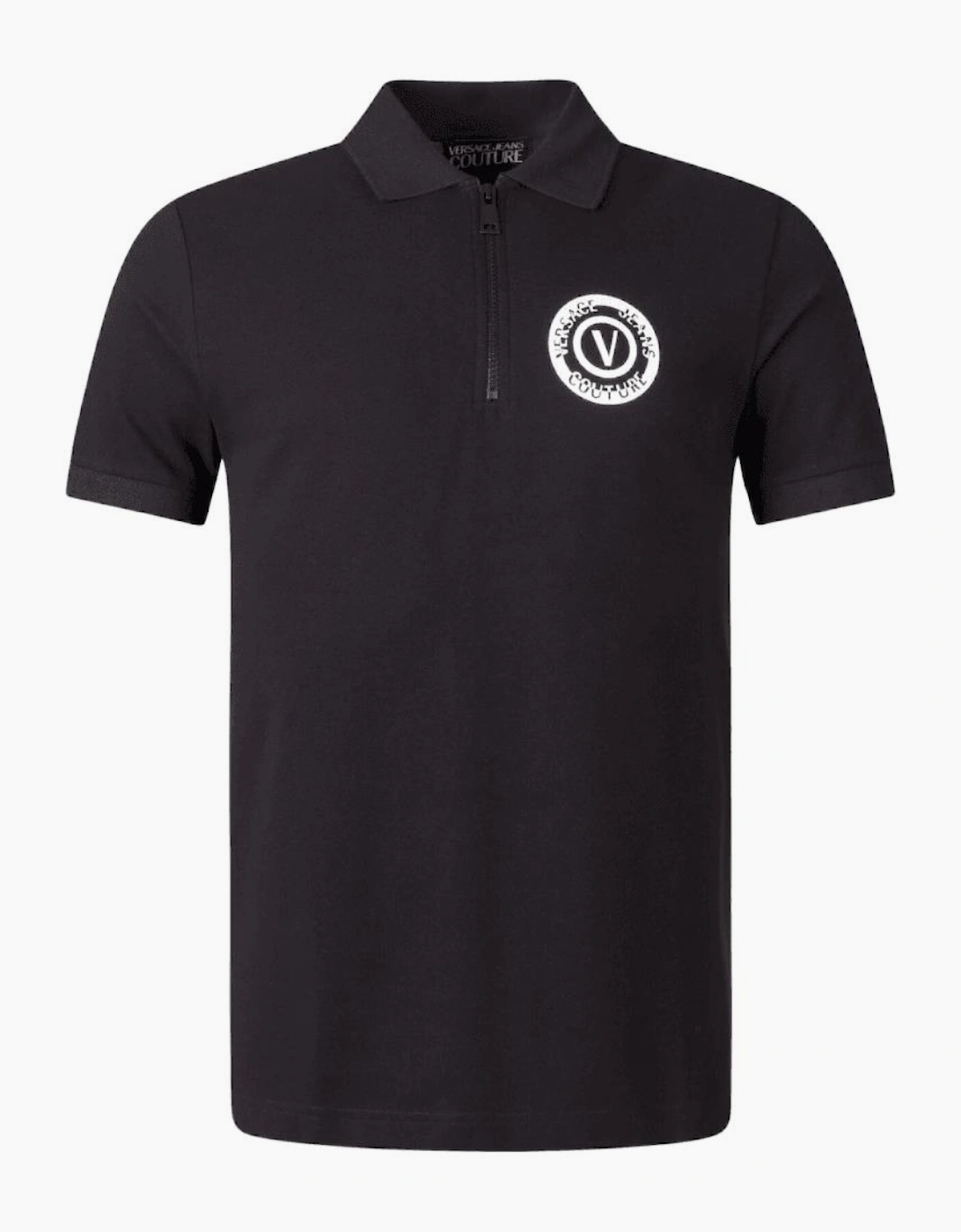 Cotton Printed Logo Zip Black Polo Shirt