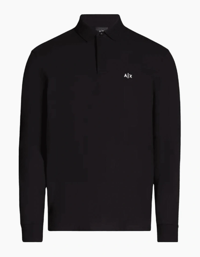 Embroidered Logo Pique Long Sleeve Black Polo-Shirt