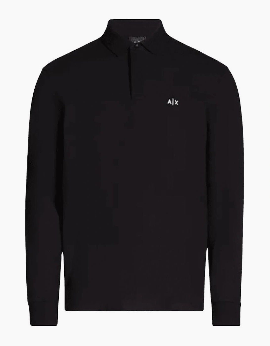 Embroidered Logo Pique Long Sleeve Black Polo-Shirt