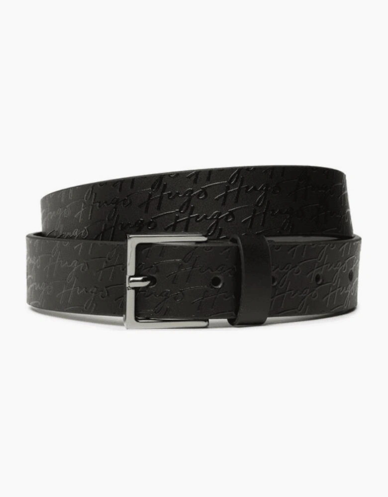 Handwritten Allover Logo Buckle Leather Black Belt