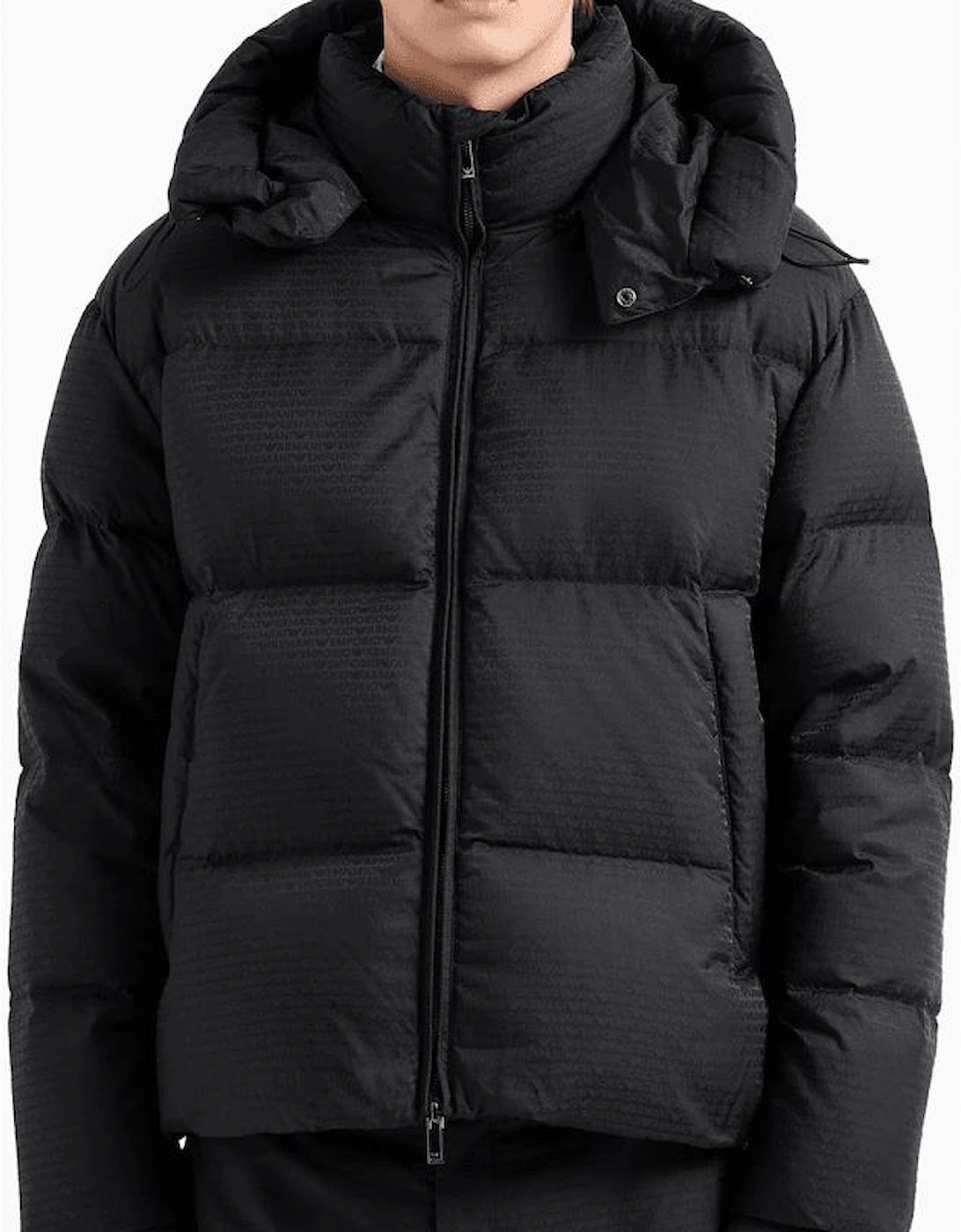Jacquard Nylon Allover Logo Black Puffer Jacket