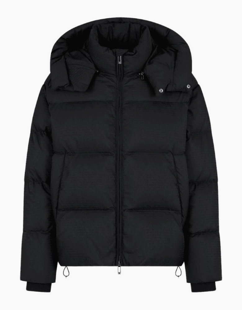 Jacquard Nylon Allover Logo Black Puffer Jacket
