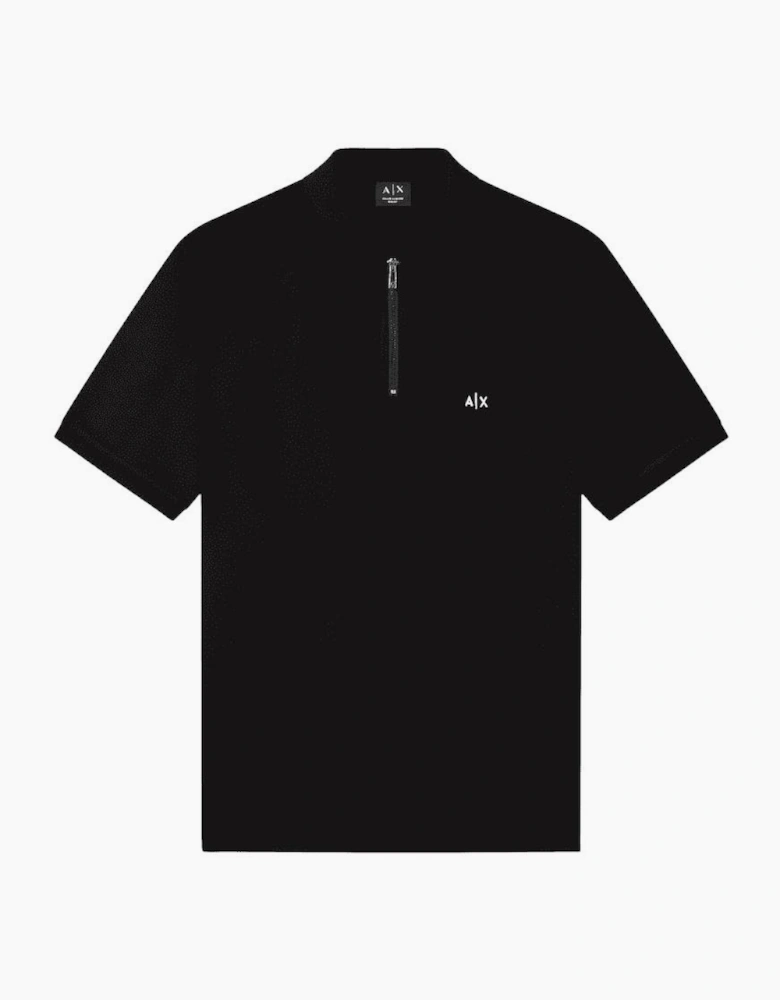 Slim Fit Stretch Technical Black Zip Polo Shirt