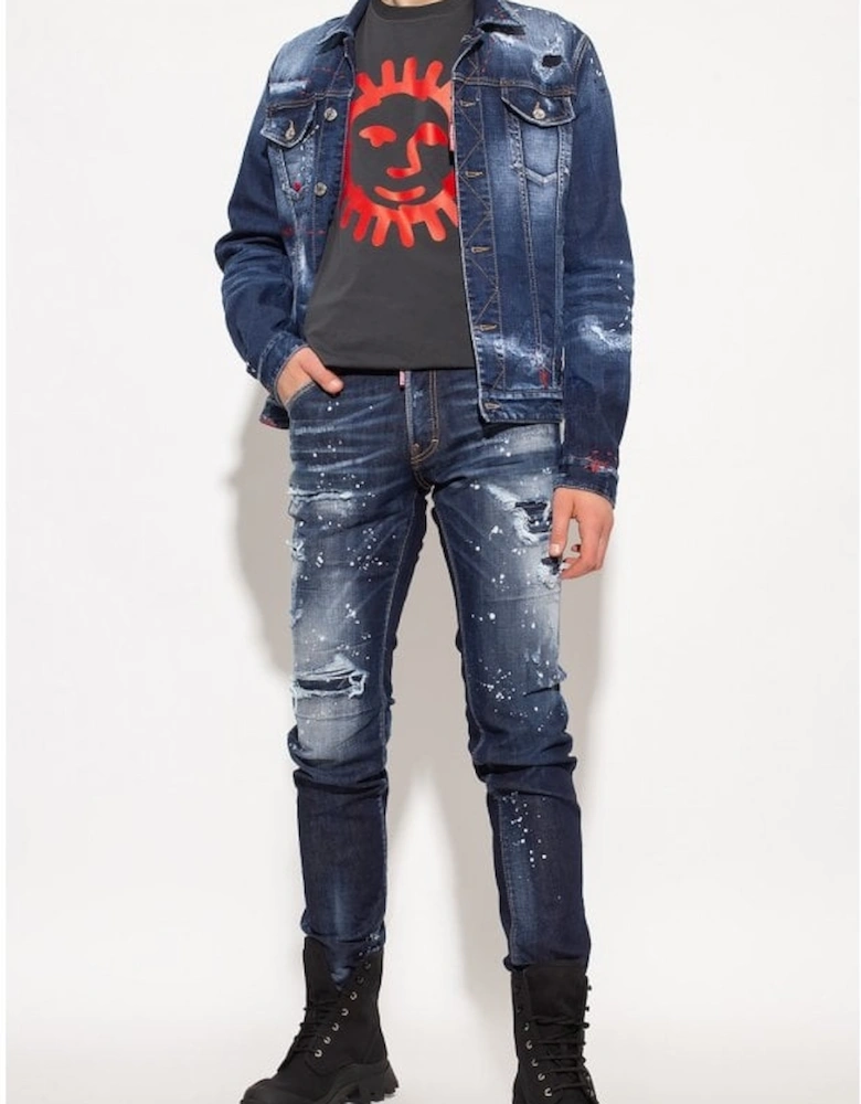 Cotton Rip and Repar Mid Wash Paint Splatter Cool Guy Jeans