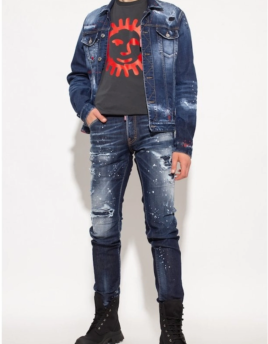 Cotton Rip and Repar Mid Wash Paint Splatter Cool Guy Jeans