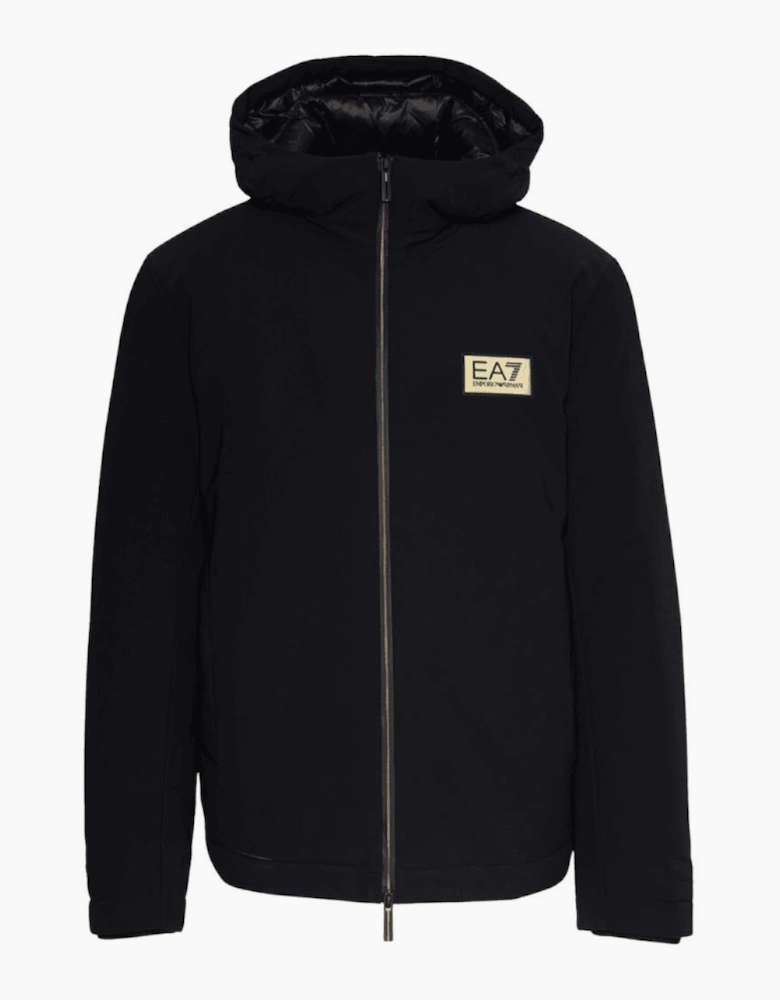 Gold Plaque Hooded Black Puffer Jacket
