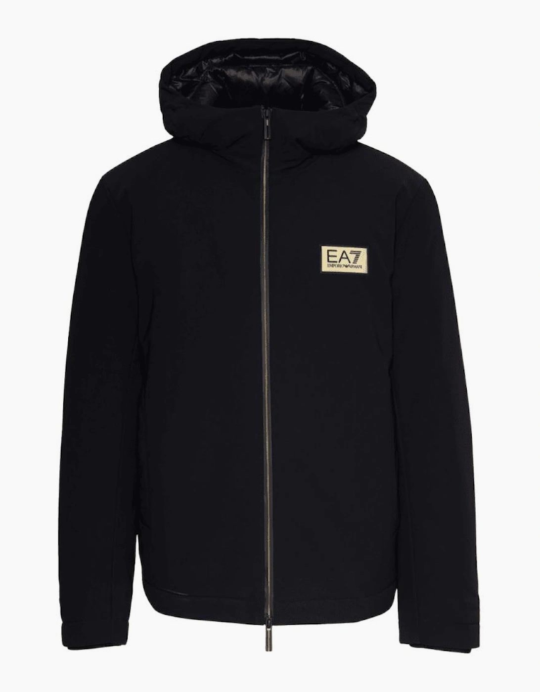 Gold Plaque Hooded Black Puffer Jacket