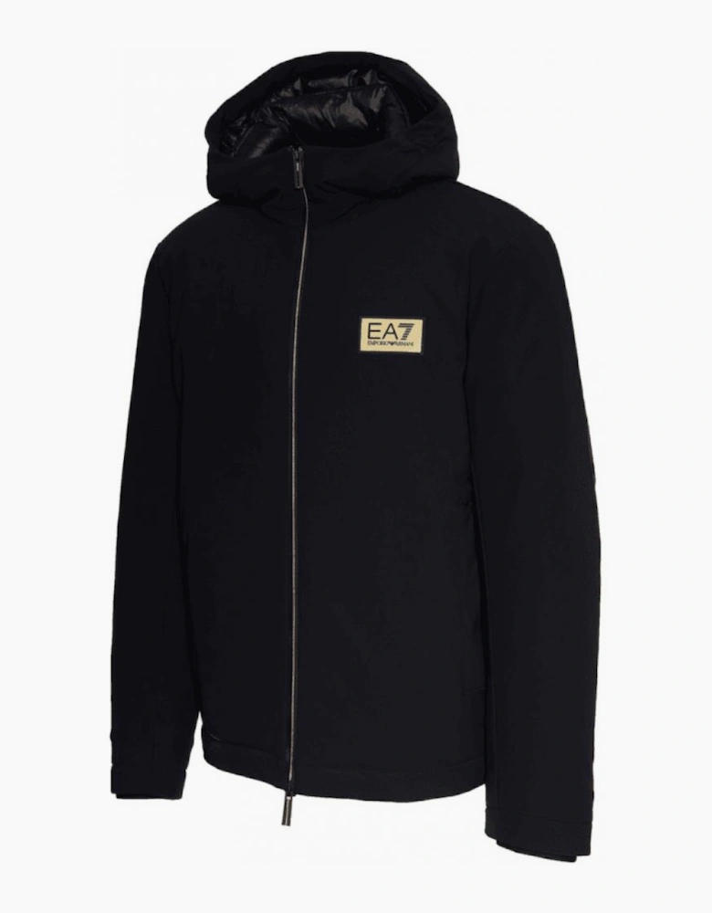 Gold Plaque Hooded Black Puffer Jacket