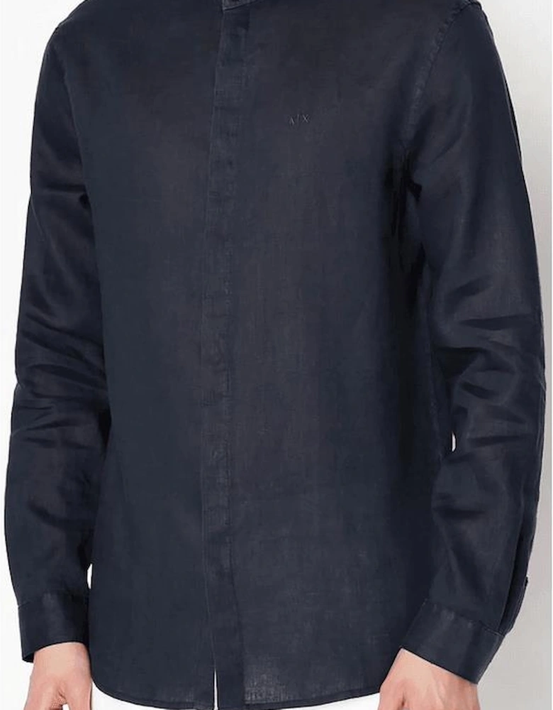Grandad Collar Linen Navy Shirt