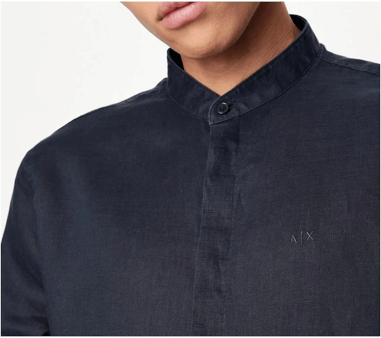 Grandad Collar Linen Navy Shirt