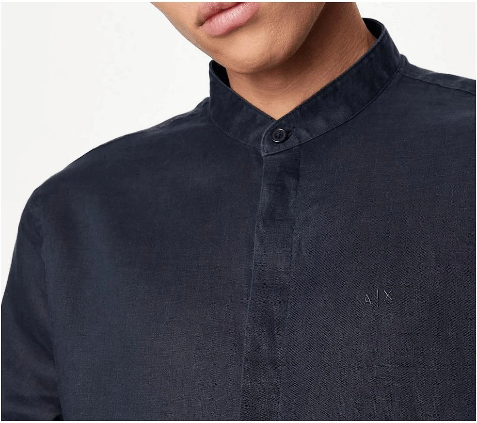 Grandad Collar Linen Navy Shirt