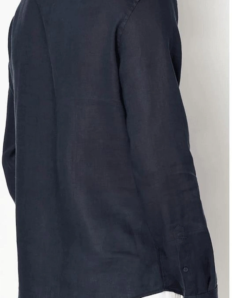 Grandad Collar Linen Navy Shirt