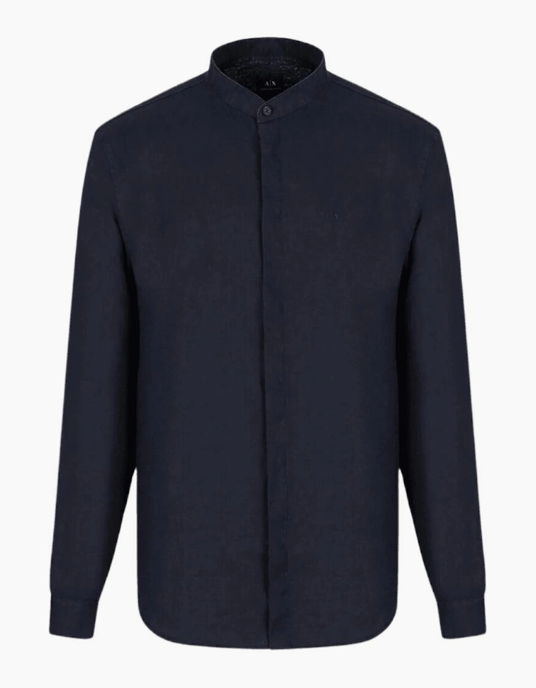 Grandad Collar Linen Navy Shirt