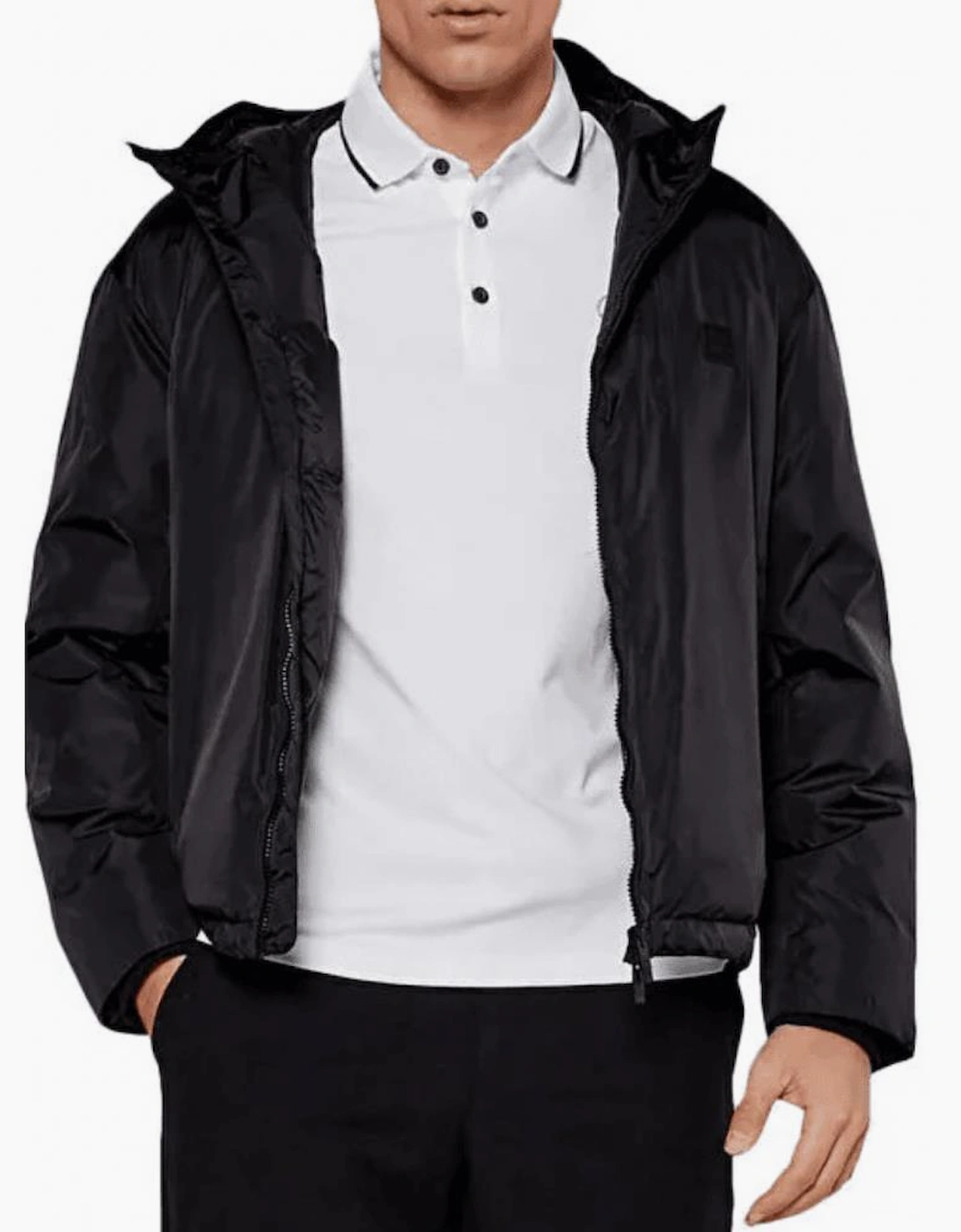 Nylon Zip Up Hooded Black Puffer Jacket