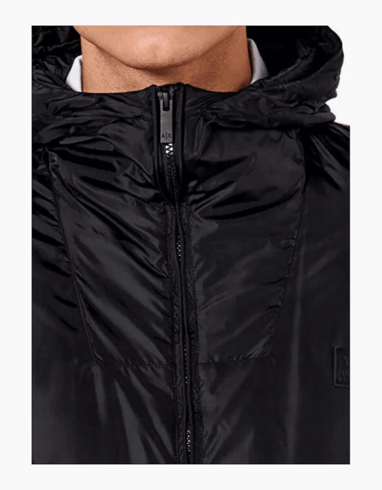 Nylon Zip Up Hooded Black Puffer Jacket