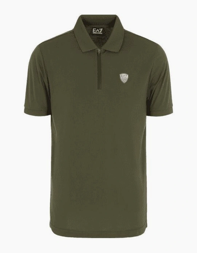 Cotton Badge Logo Quarter Zip Green Polo Shirt