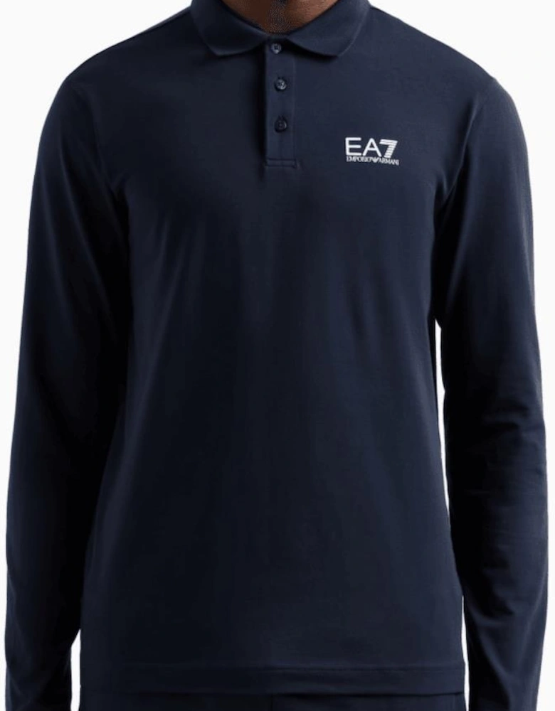 Long Sleeve Pique Cotton Navy Polo Shirt