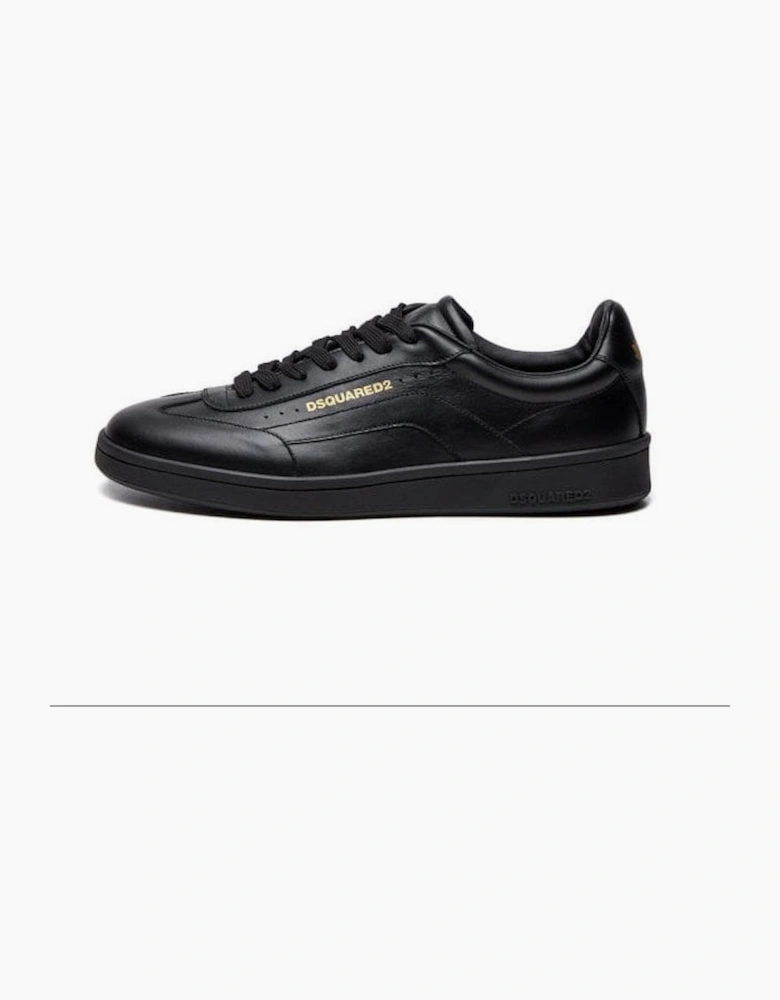 Full Black Leather Gold Logo Trainers