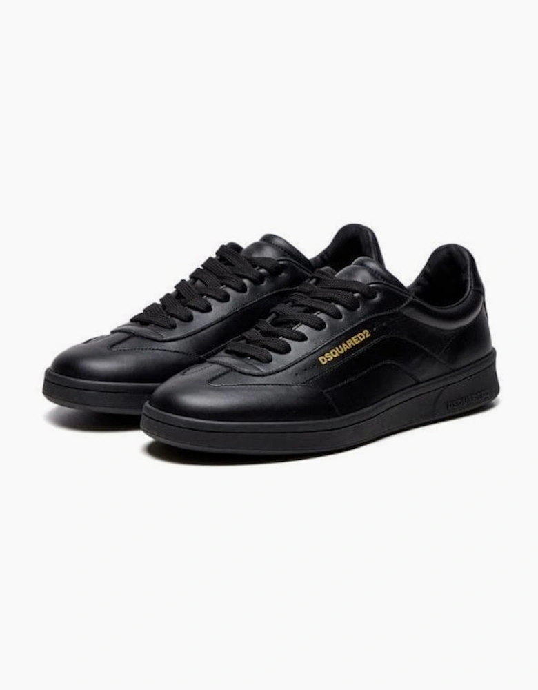 Full Black Leather Gold Logo Trainers