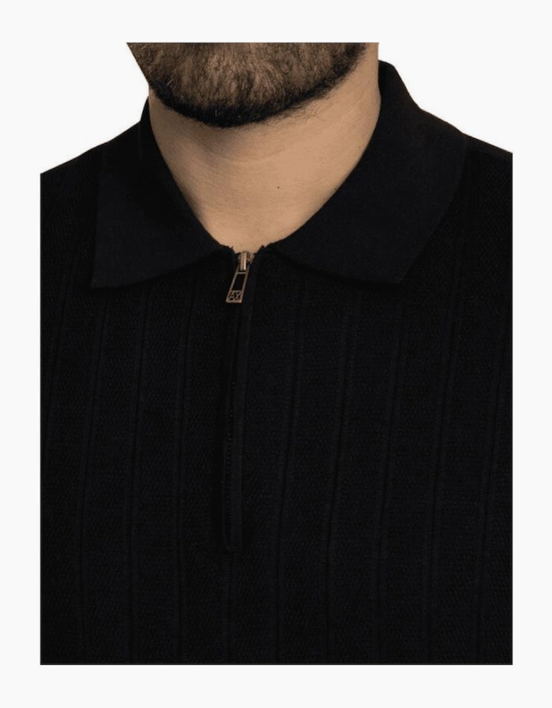 Regular Fit Textured Knitted Navy Zip Polo Shirt