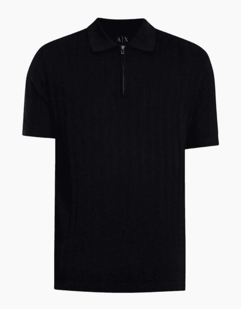 Regular Fit Textured Knitted Navy Zip Polo Shirt