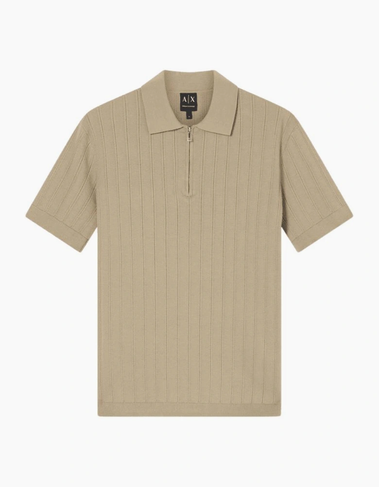 Regular Fit Textured Knitted Beige Zip Polo Shirt