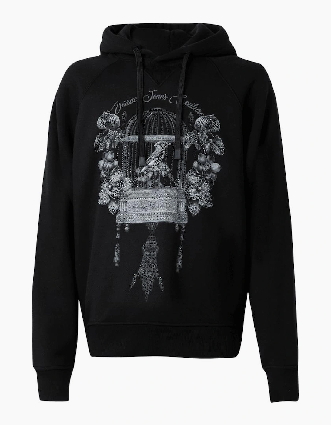Loose Fit Studded Bird Logo Black Hoodie