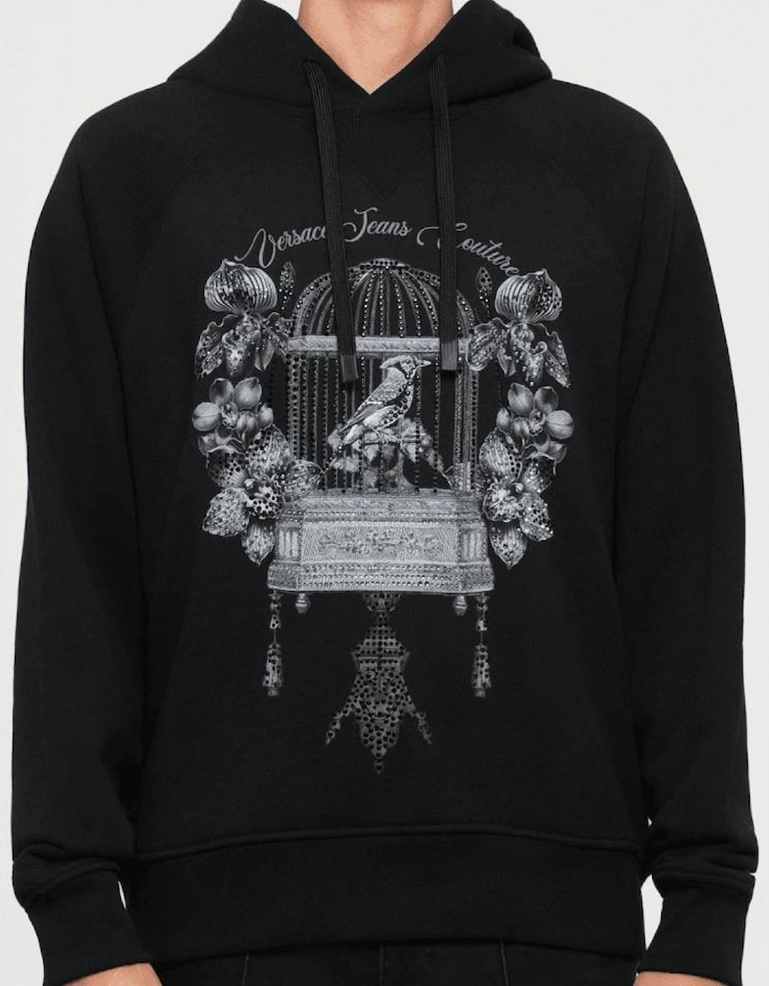 Loose Fit Studded Bird Logo Black Hoodie