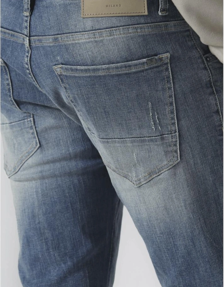 TODD 1034 Distressed Slim Fit Stonewash Blue Jeans