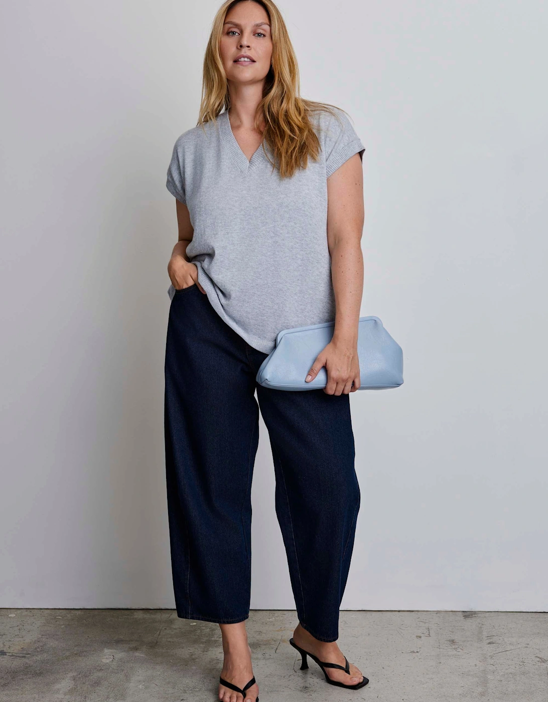 Grey Wool Blend Relaxed V-Neck Top
