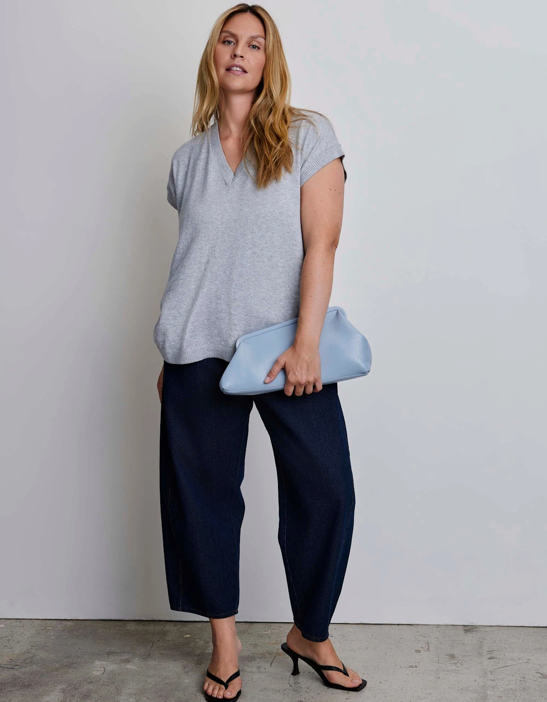 Grey Wool Blend Relaxed V-Neck Top