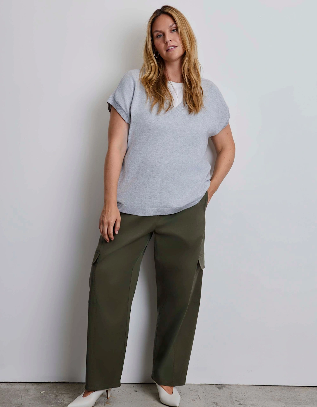 Grey Wool Blend Relaxed V-Neck Top