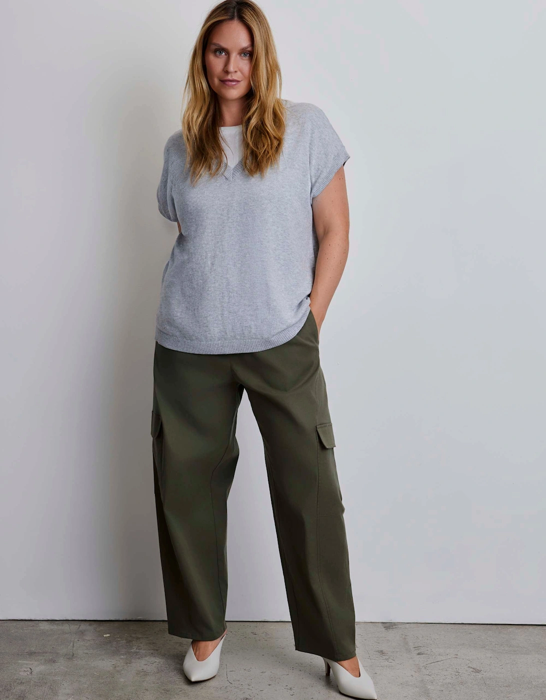Grey Wool Blend Relaxed V-Neck Top