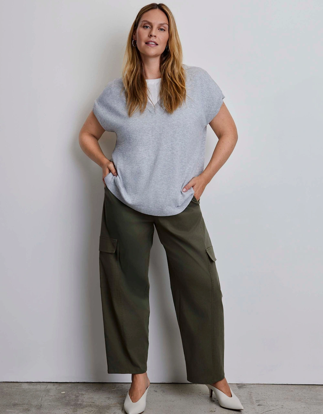 Grey Wool Blend Relaxed V-Neck Top