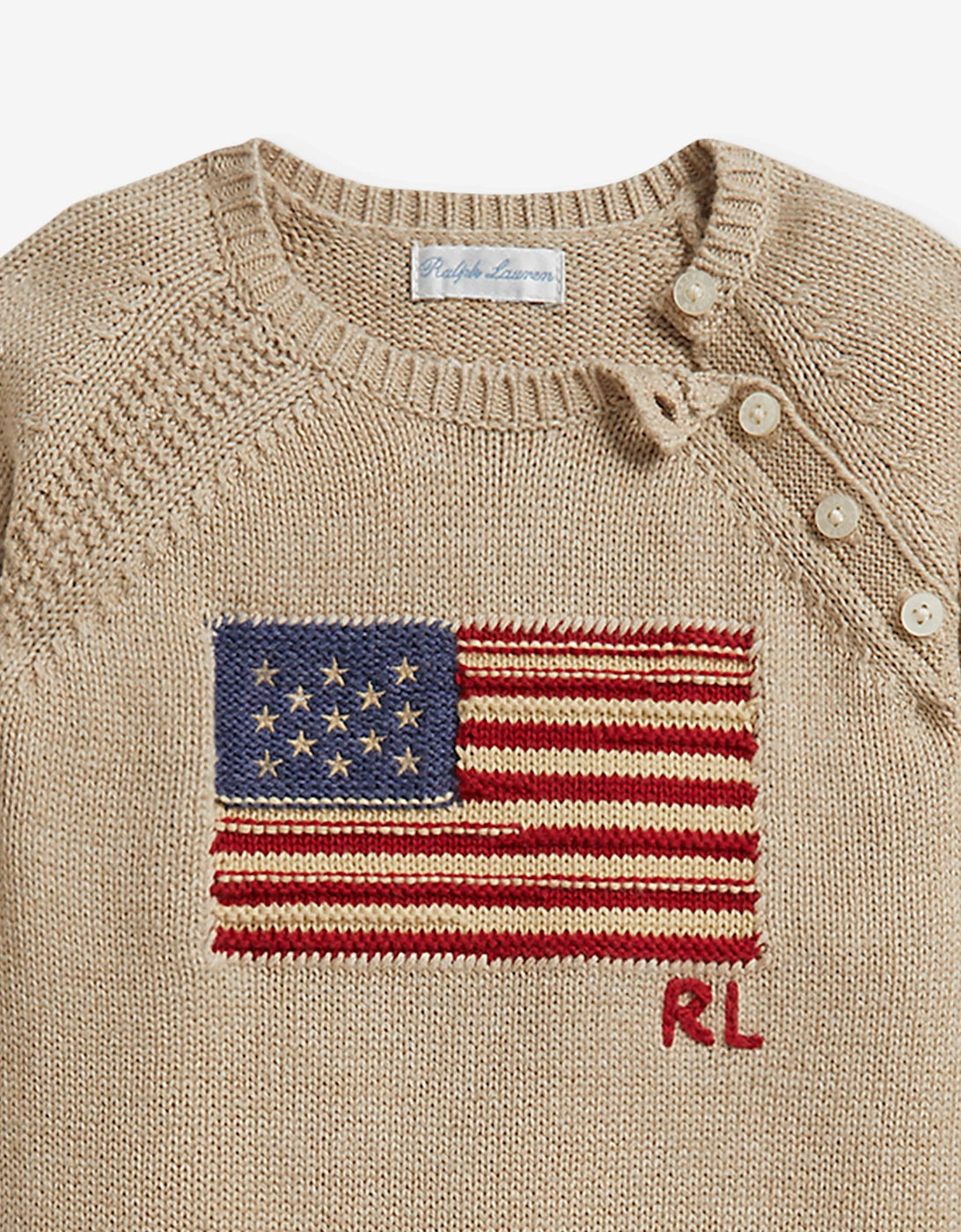 Ralph Lauren Baby Boys Iconic Flag Romper in Beige
