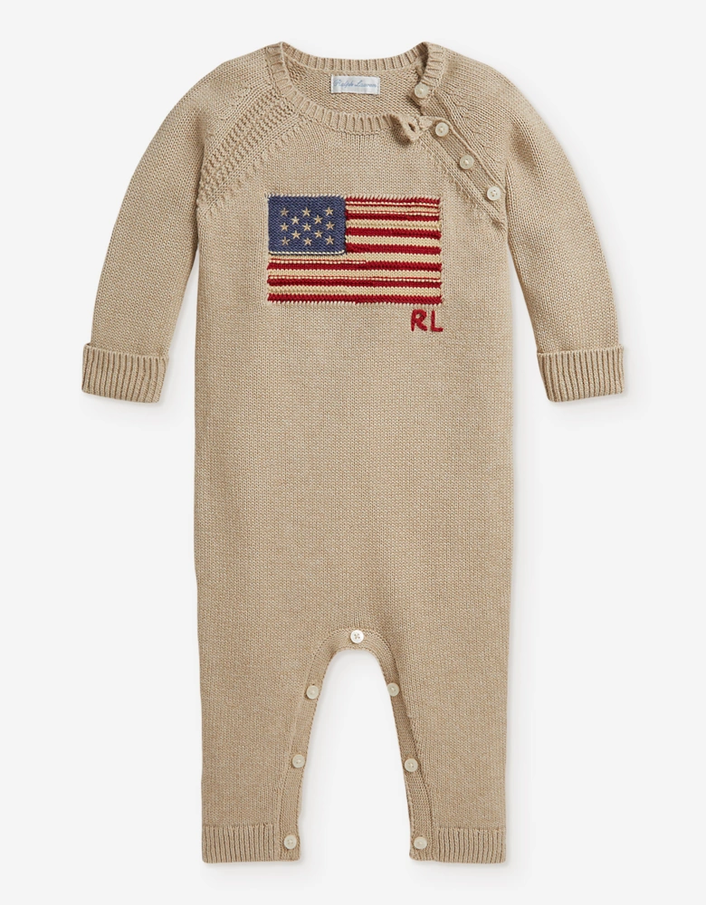 Ralph Lauren Baby Boys Iconic Flag Romper in Beige