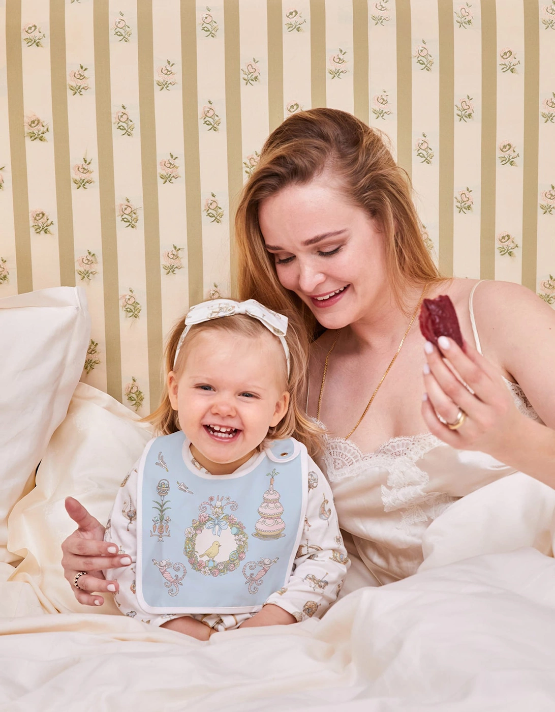 Atelier Choux Baby Satin Spring Bunny Bib in Blue