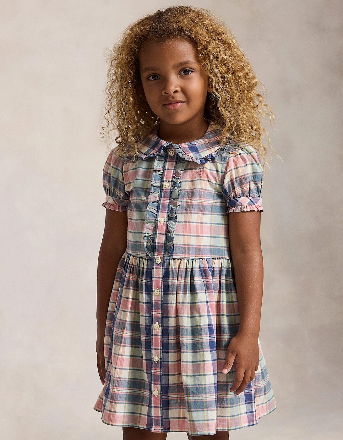 Ralph Lauren Girls Plaid Cotton Shirt Dress in Pink