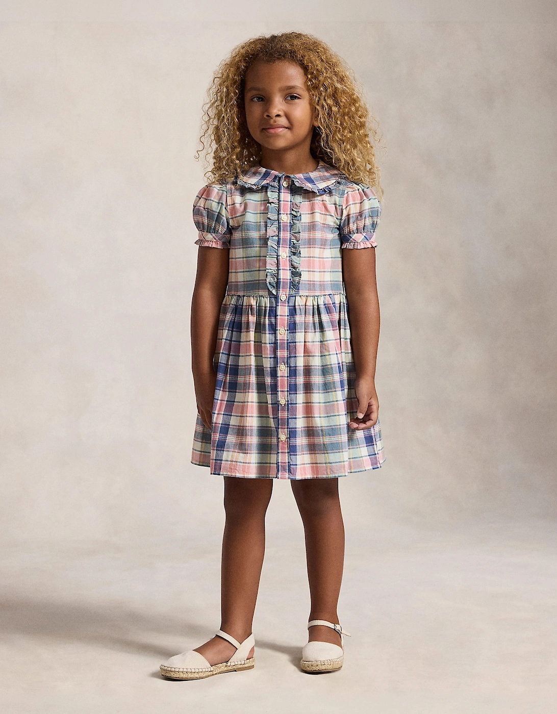 Ralph Lauren Girls Plaid Cotton Shirt Dress in Pink