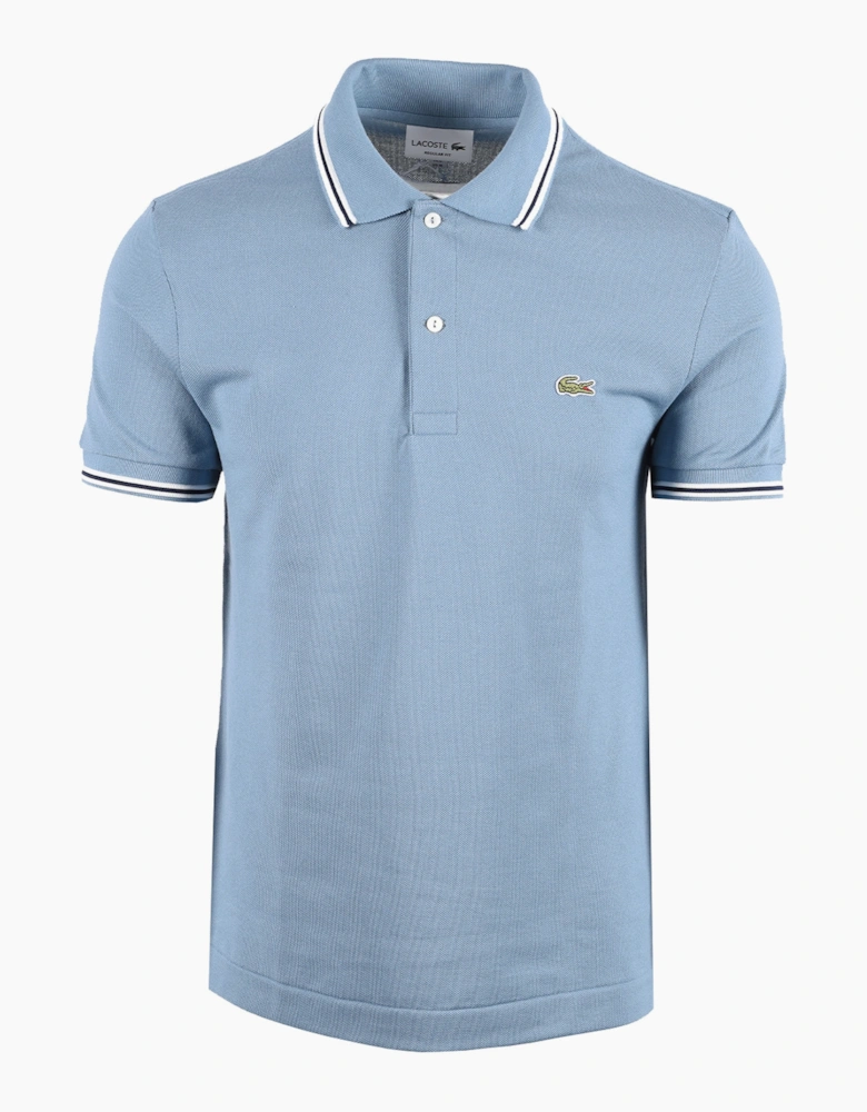 LACOSTE SHORT SLEEVED RIBBED COLLAR POLO MID BLUE