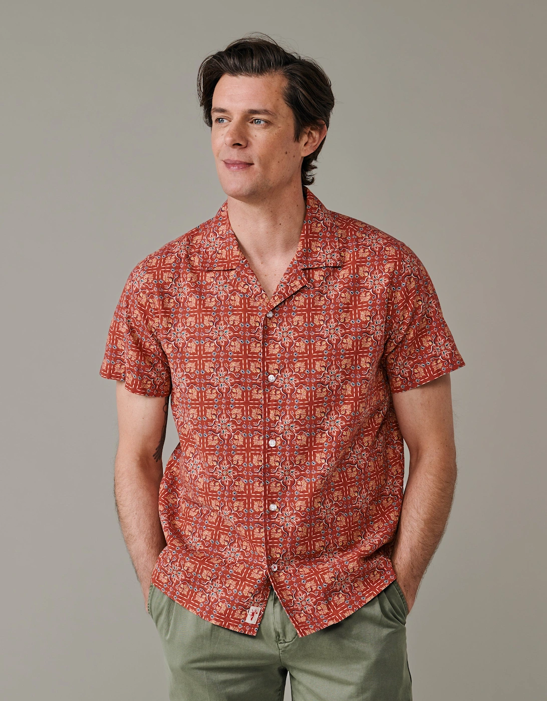 AUBIN AUBIN Men's Abbey Cuban Collar Short Sleeved Shirt - Blue