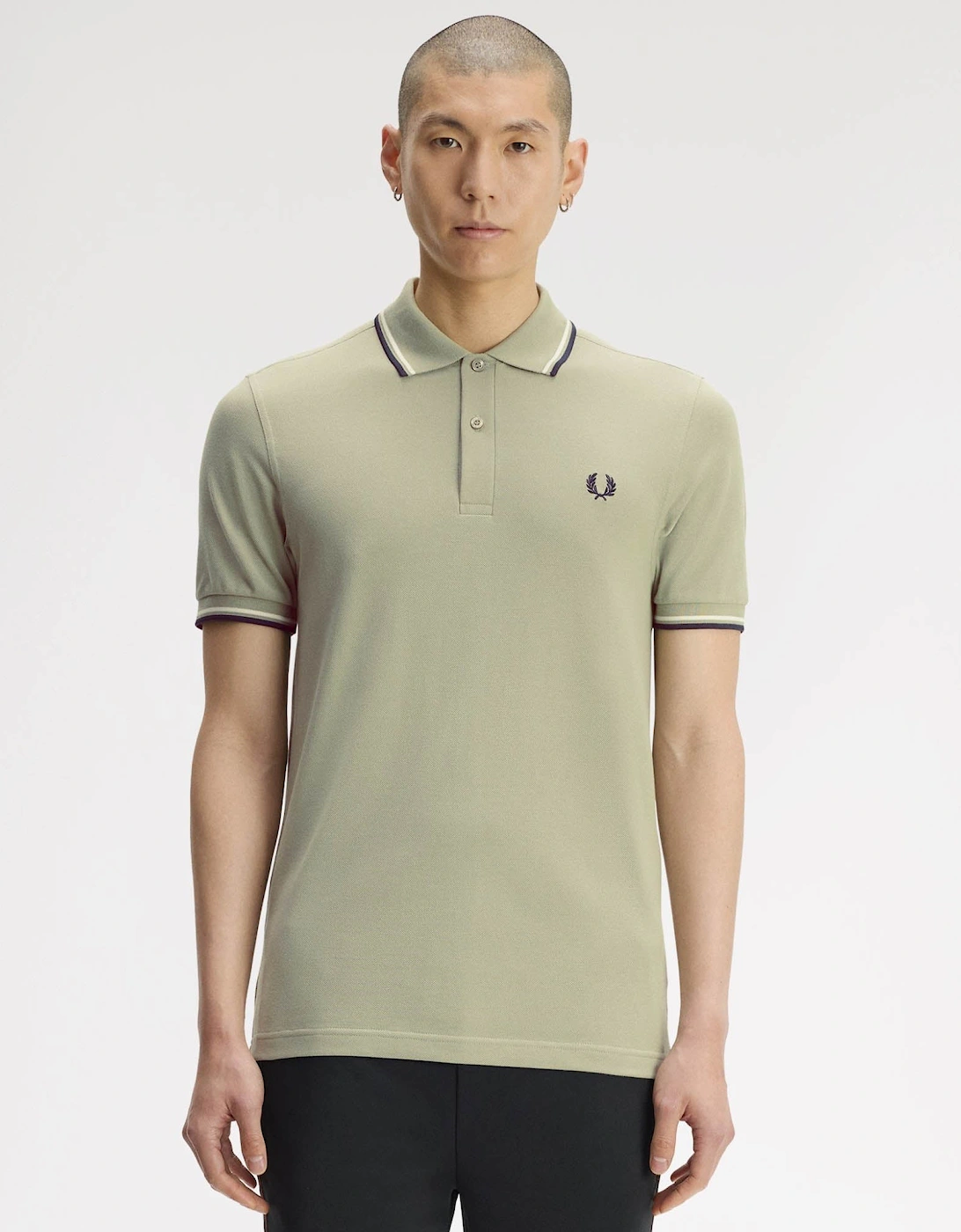 Fred Perry Men's Tan Twin Tipped Signature Polo Shirt - Seagrass/Ecru/Dark Airforce 76C - Size 40