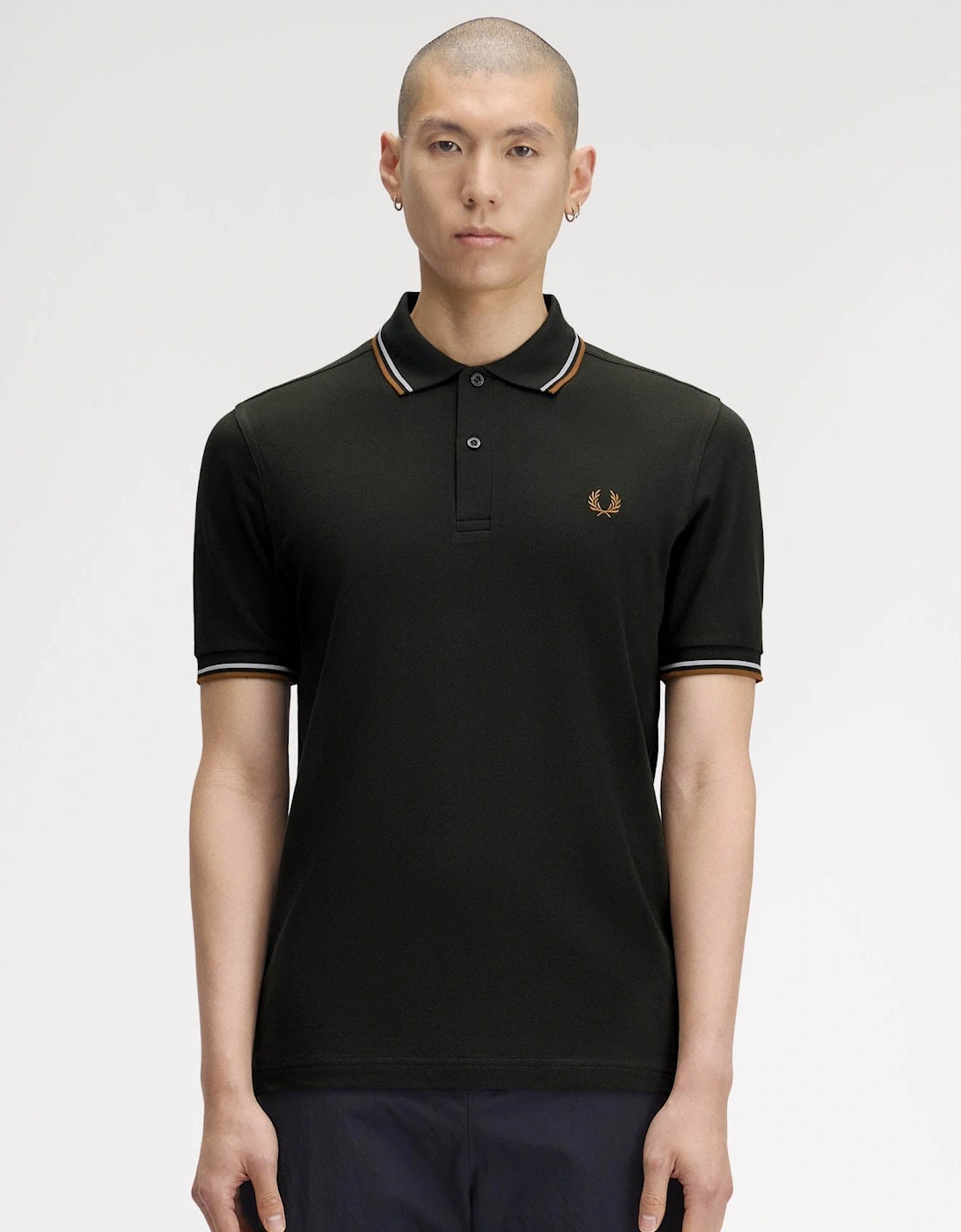 Fred Perry Men's Black Twin Tipped Signature Polo Shirt - Night Green/Dusk Blue/Dark Caramel 78C - Size 42
