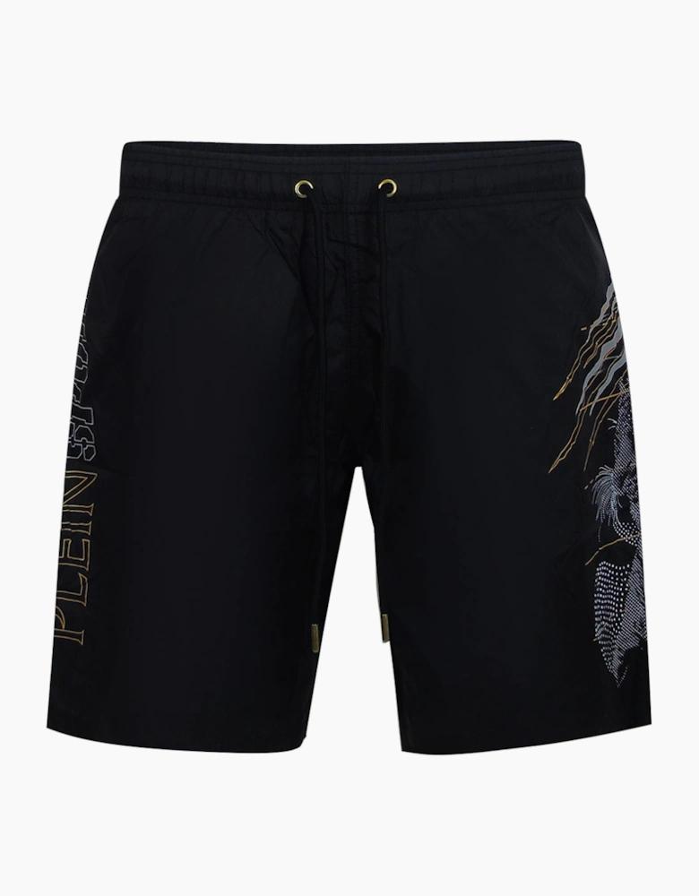 Plein Sport Golden Tiger Long Black Swim Shorts