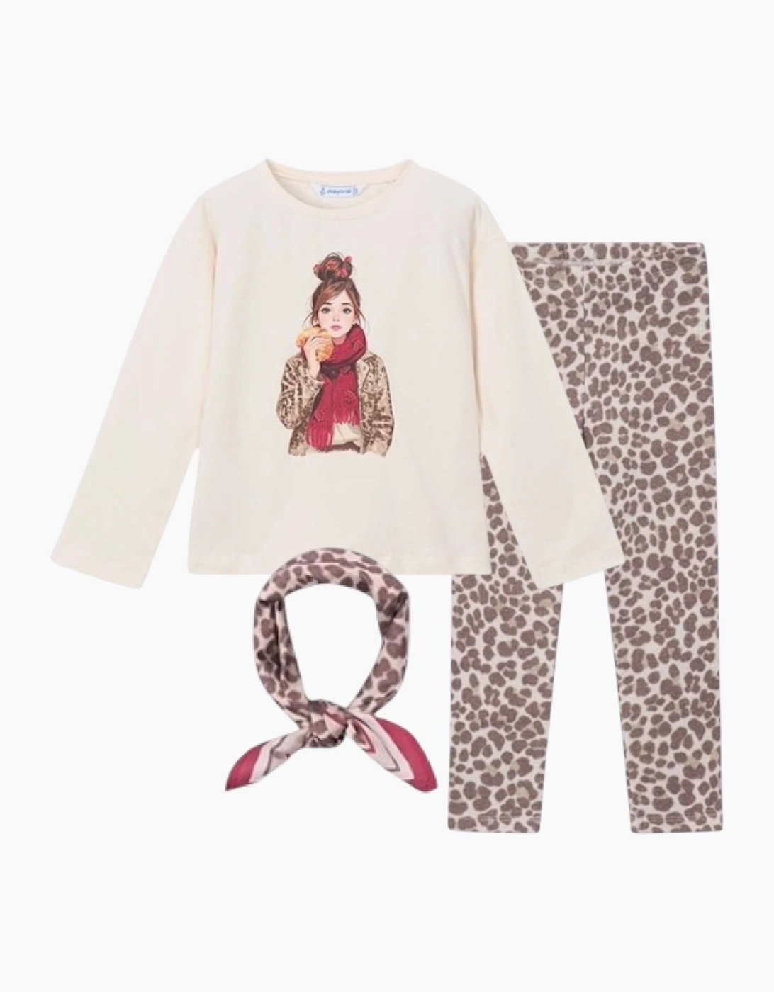 Girls Brown Printed Legging Set and Scarf, 5 of 4