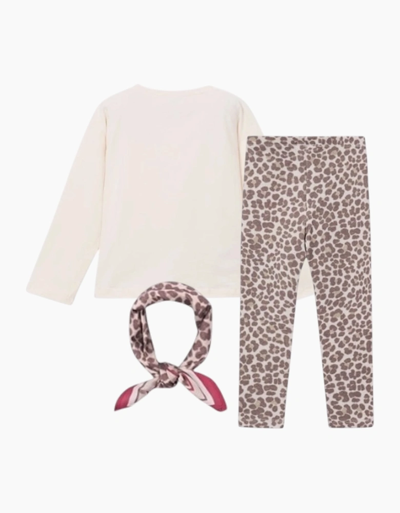 Girls Brown Printed Legging Set and Scarf