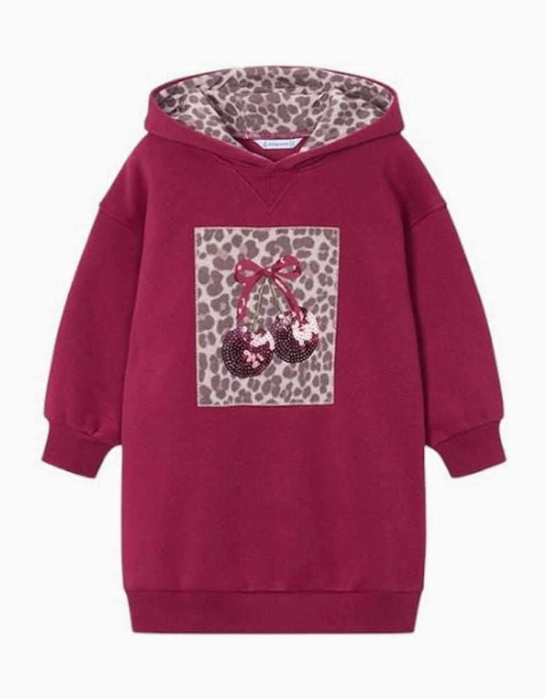 Girls Burgundy Printed Cherry Hooded Dress
