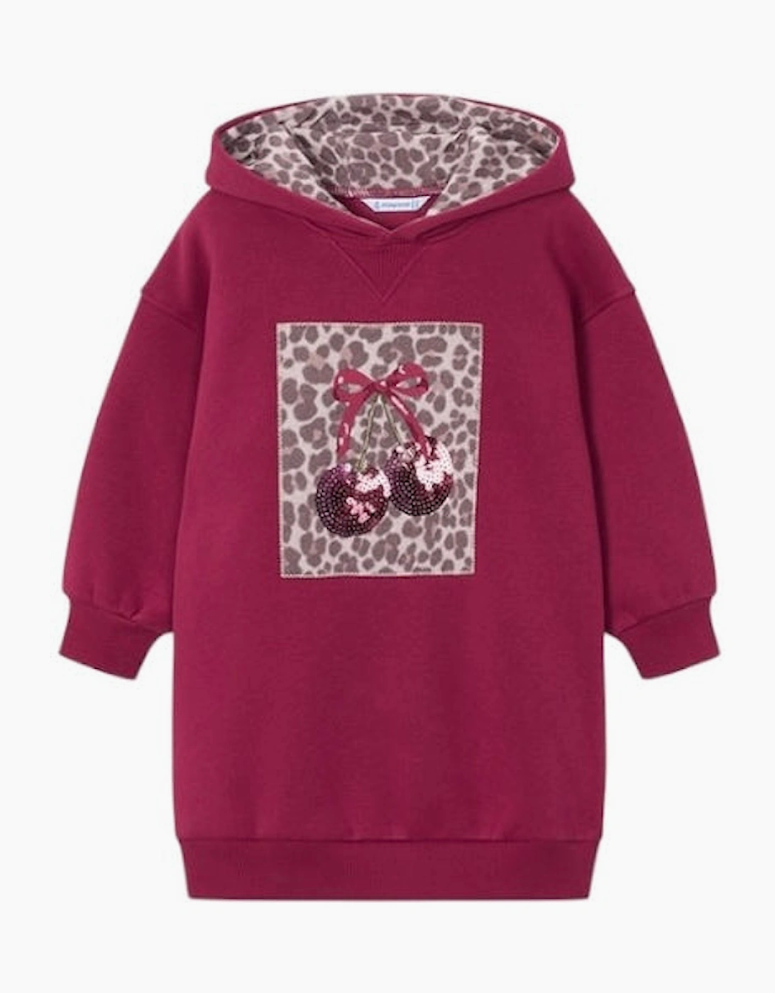 Girls Burgundy Printed Cherry Hooded Dress, 4 of 3